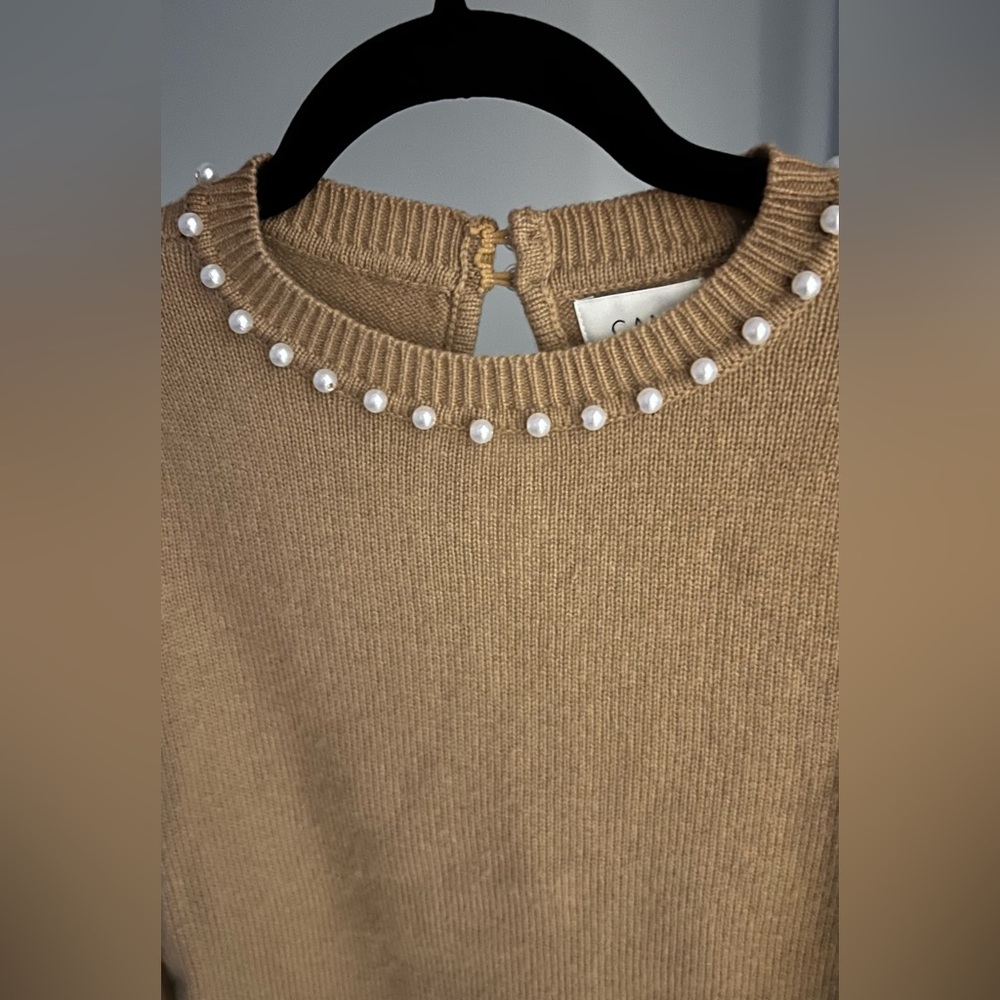 Cami NYC Tan Crew Neck Sweater with Pearl Trim on neck and wrists.